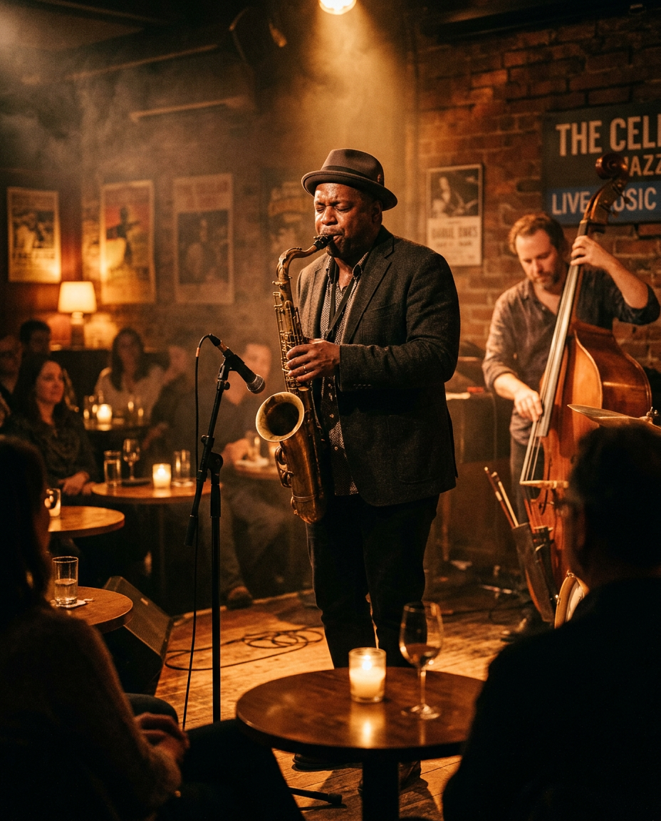 A saxophonist performing in a candlelit basement jazz club
