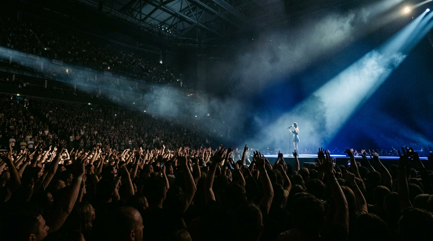 A singer alone on a vast stage, a beam of blue light cutting through haze above thousands of raised hands