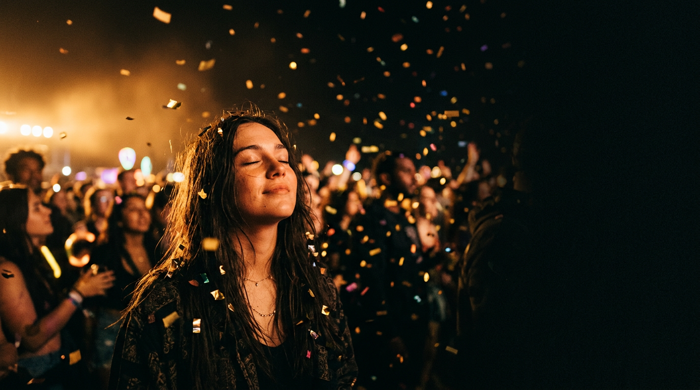 A woman with eyes closed and a quiet smile as gold confetti falls through a festival crowd at night